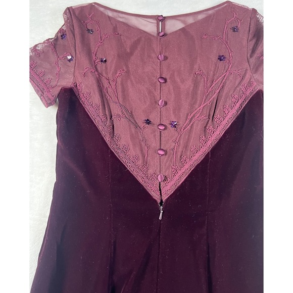 Maggy London Dress Womens 6 Burgundy Velvet Mesh Embroidered Evening Gown Maxi - Picture 13 of 14